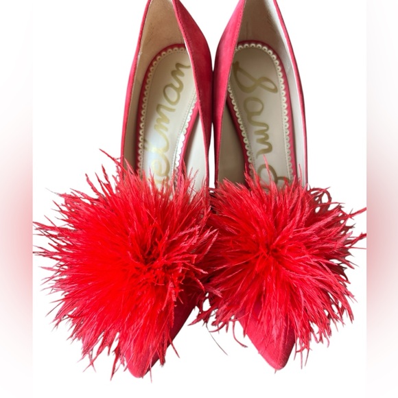 Sam Edelman Red Hide Heels Featuring a Feathers Pom Pom Size 7.5 - Picture 3 of 8